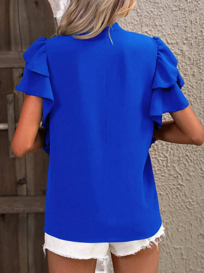 V-neck casual double-layer lotus leaf sleeve solid color shirt top