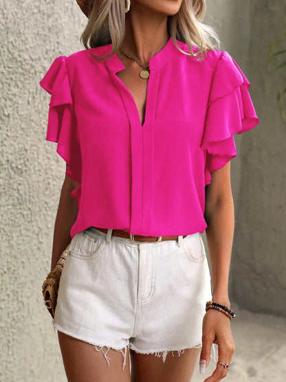 V-neck casual double-layer lotus leaf sleeve solid color shirt top