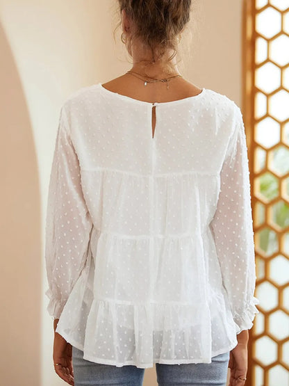 Bubble gauze trumpet sleeve doll shirt with sweet temperament round neck chiffon top for women