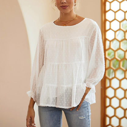 Bubble gauze trumpet sleeve doll shirt with sweet temperament round neck chiffon top for women