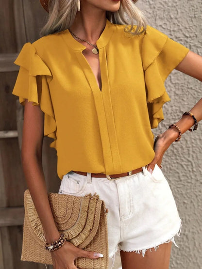 V-neck casual double-layer lotus leaf sleeve solid color shirt top