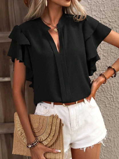 V-neck casual double-layer lotus leaf sleeve solid color shirt top