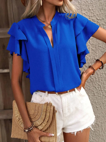 V-neck casual double-layer lotus leaf sleeve solid color shirt top