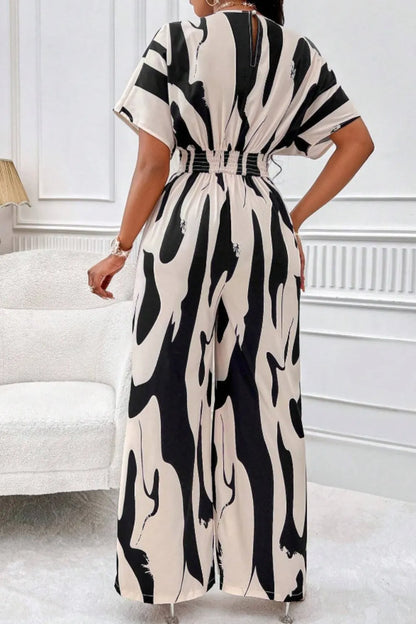 Elegant V-neck full body printed batwing sleeve wide jumpsuit