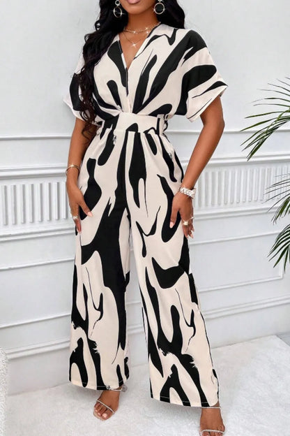 Elegant V-neck full body printed batwing sleeve wide jumpsuit