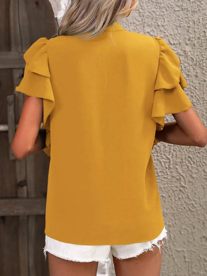 V-neck casual double-layer lotus leaf sleeve solid color shirt top