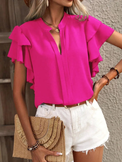 V-neck casual double-layer lotus leaf sleeve solid color shirt top