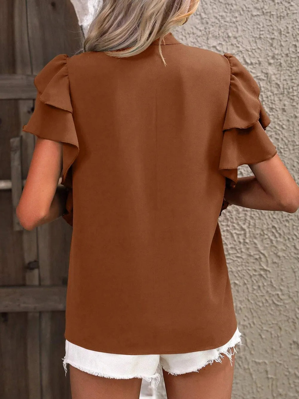 V-neck casual double-layer lotus leaf sleeve solid color shirt top