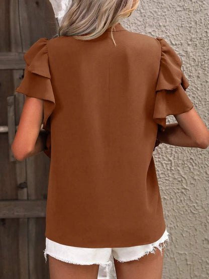 V-neck casual double-layer lotus leaf sleeve solid color shirt top