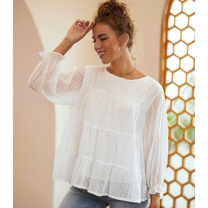 Bubble gauze trumpet sleeve doll shirt with sweet temperament round neck chiffon top for women