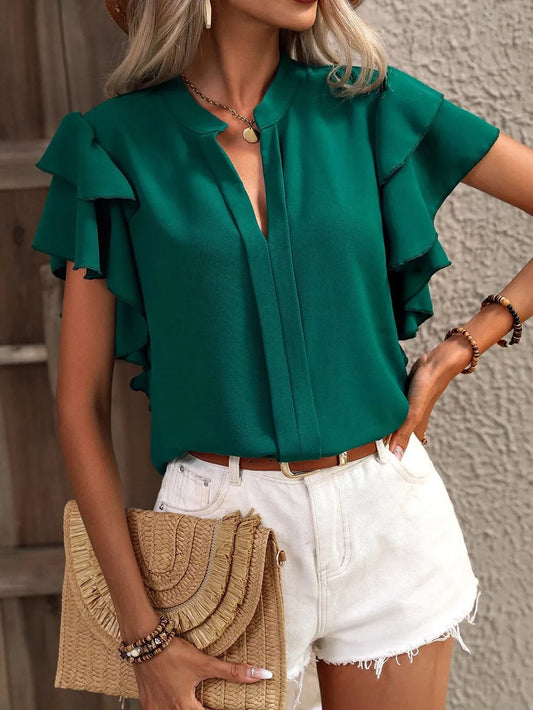 V-neck casual double-layer lotus leaf sleeve solid color shirt top