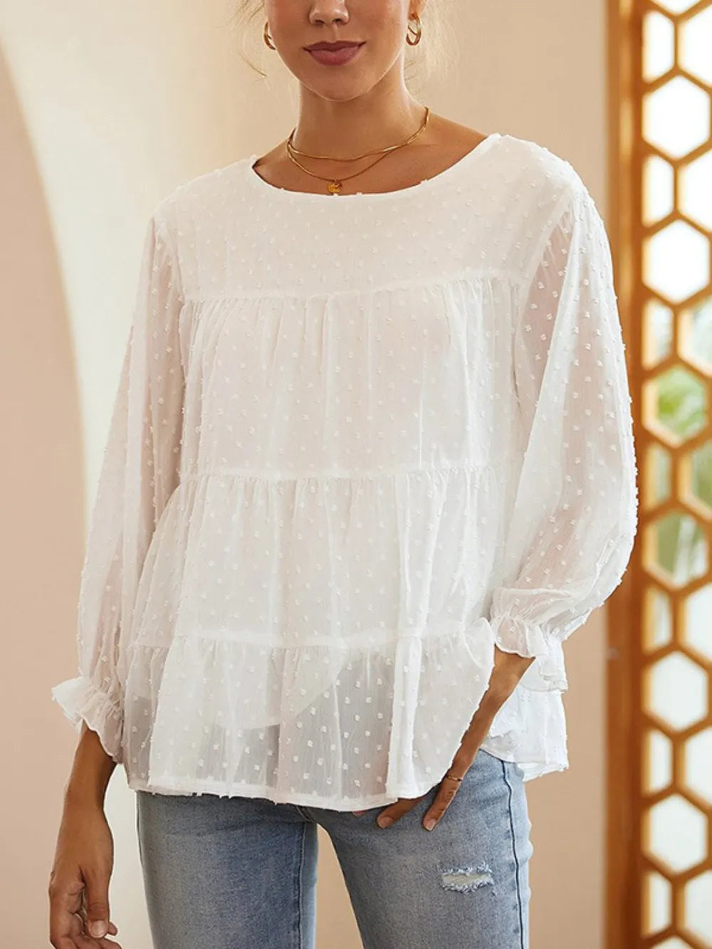 Bubble gauze trumpet sleeve doll shirt with sweet temperament round neck chiffon top for women
