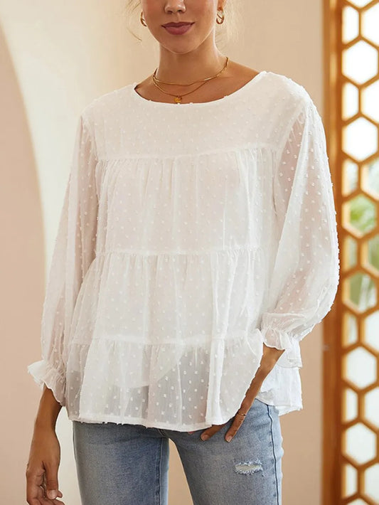 Bubble gauze trumpet sleeve doll shirt with sweet temperament round neck chiffon top for women