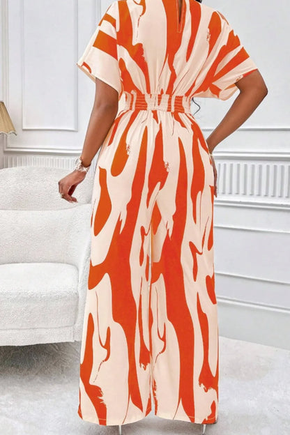 Elegant V-neck full body printed batwing sleeve wide jumpsuit