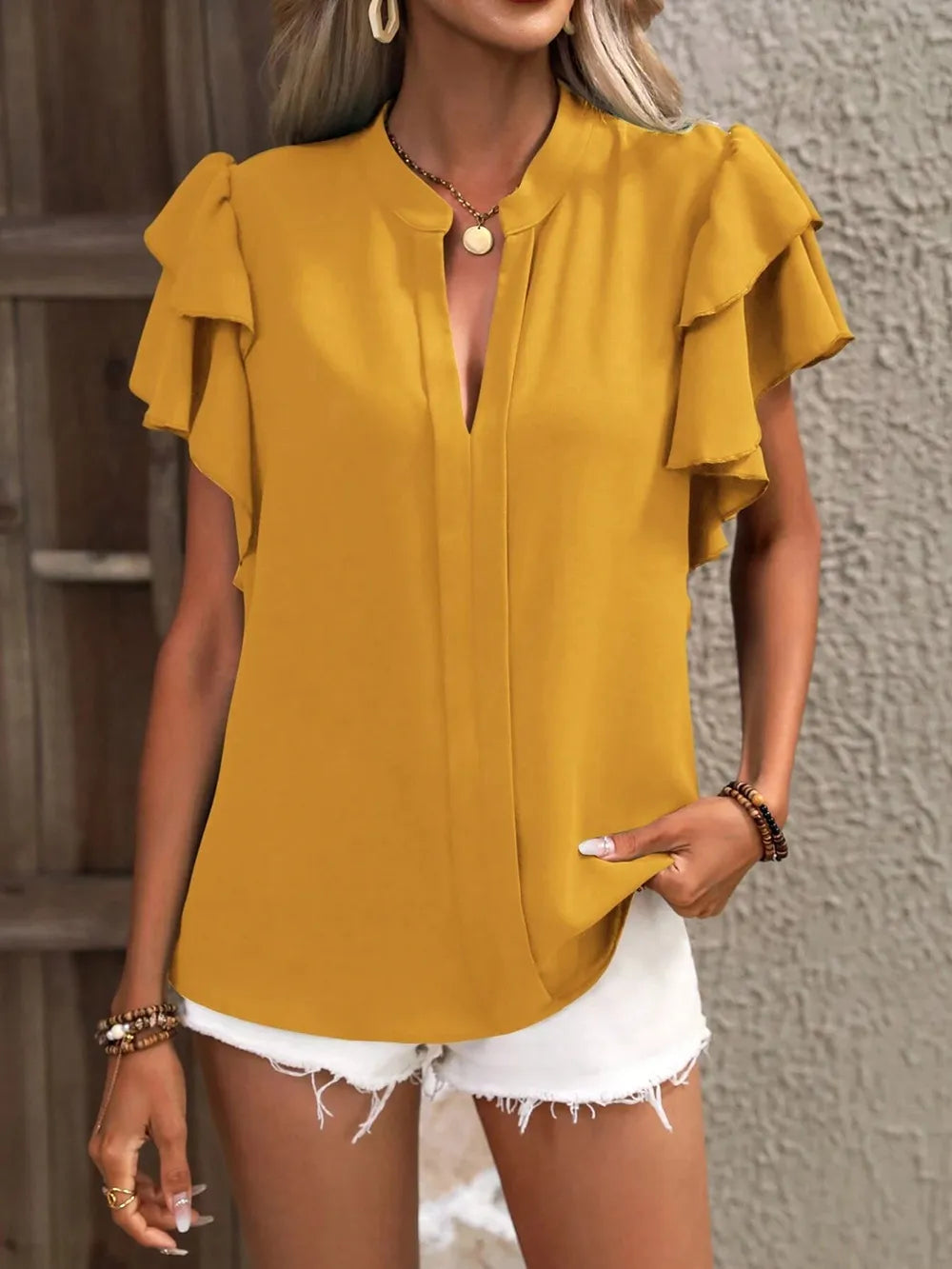 V-neck casual double-layer lotus leaf sleeve solid color shirt top