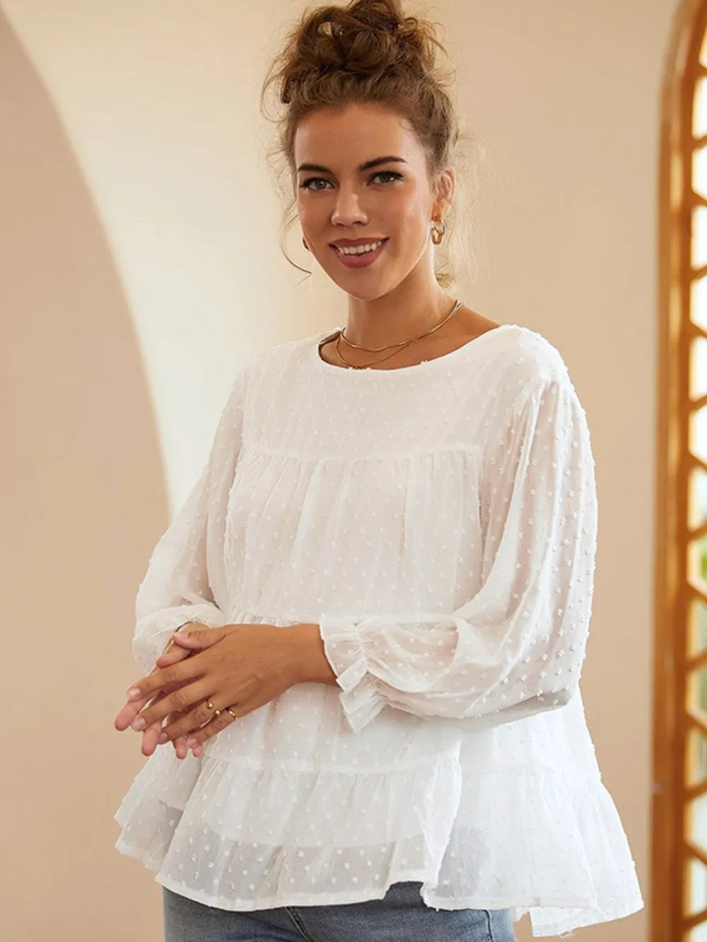 Bubble gauze trumpet sleeve doll shirt with sweet temperament round neck chiffon top for women