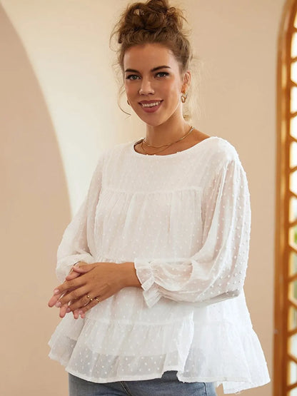 Bubble gauze trumpet sleeve doll shirt with sweet temperament round neck chiffon top for women